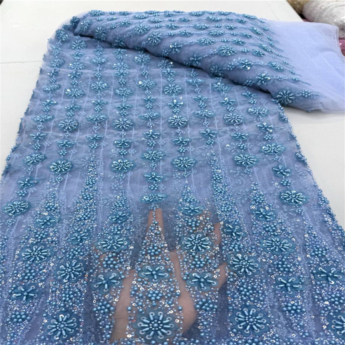 5 Yards 3D Floral Pearl Beaded Lace Fabric – Luxury Wedding, Bridal, Party Gown and Evening Dress Material | Love in Lace | NO. JX409
