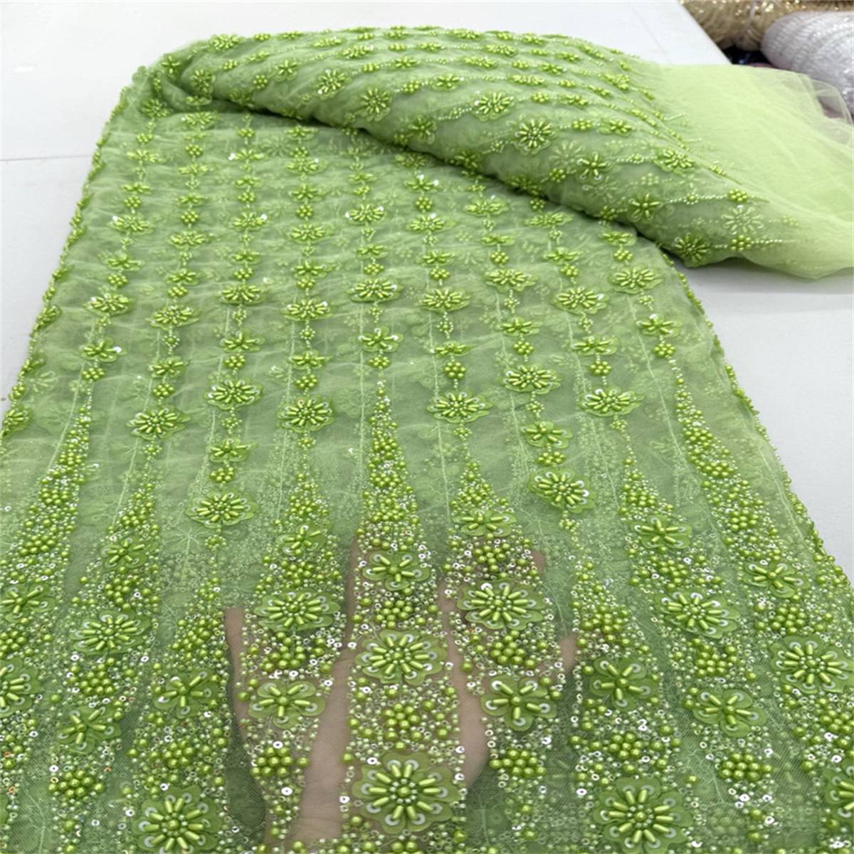 5 Yards 3D Floral Pearl Beaded Lace Fabric – Luxury Wedding, Bridal, Party Gown and Evening Dress Material | Love in Lace | NO. JX409