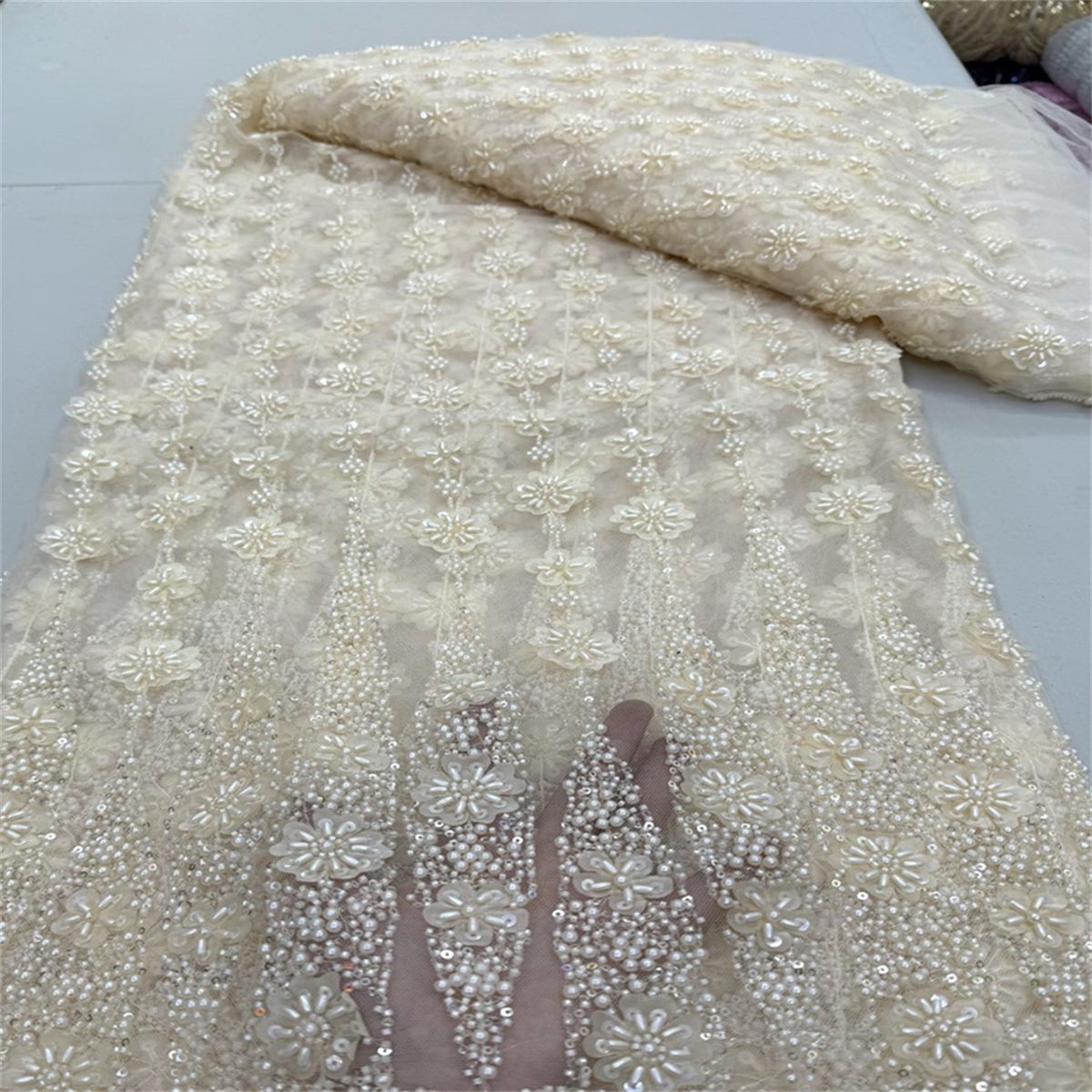 5 Yards 3D Floral Pearl Beaded Lace Fabric – Luxury Wedding, Bridal, Party Gown and Evening Dress Material | Love in Lace | NO. JX409