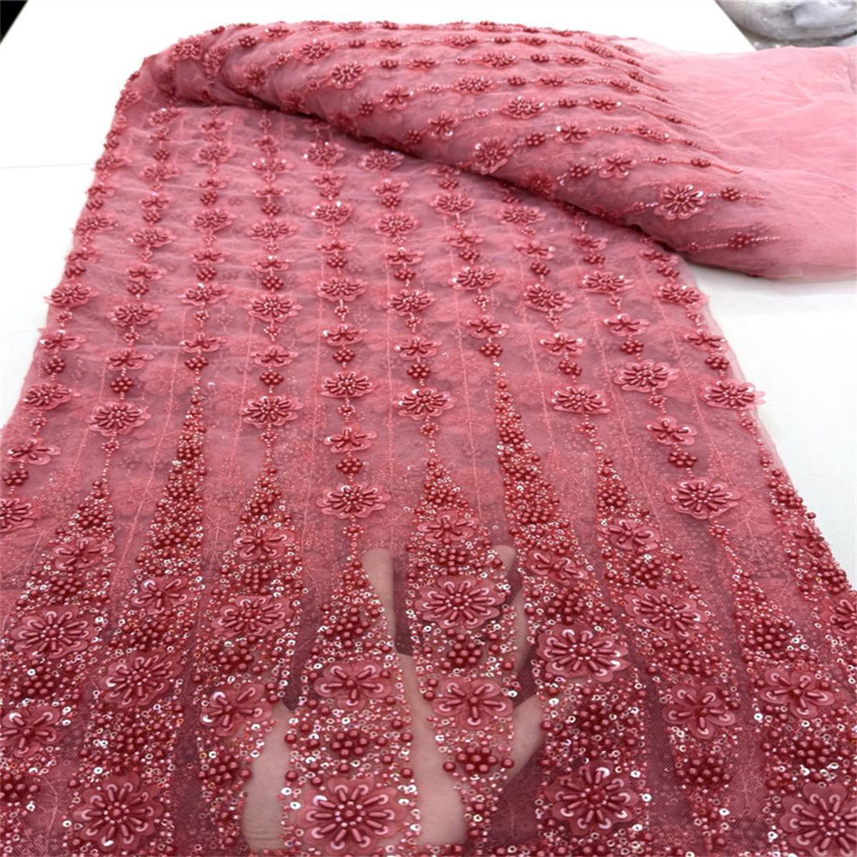 5 Yards 3D Floral Pearl Beaded Lace Fabric – Luxury Wedding, Bridal, Party Gown and Evening Dress Material | Love in Lace | NO. JX409
