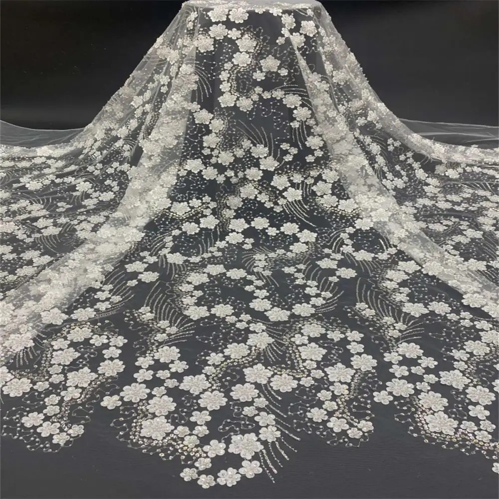 Yards 3D Floral Beaded Mesh Fabric, Embellished Beaded Wedding