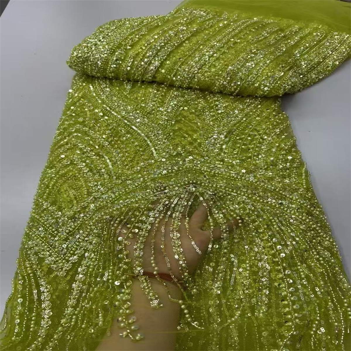 5 Yards Beaded Mesh Fabric, Beaded Tulle Fabric with Beads, Pearls