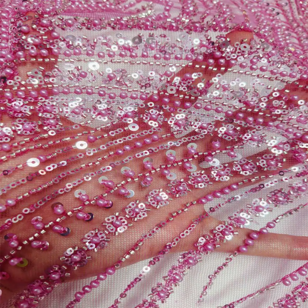 Yards Beaded Mesh Fabric, Beaded Tulle Fabric with Beads, Pearls