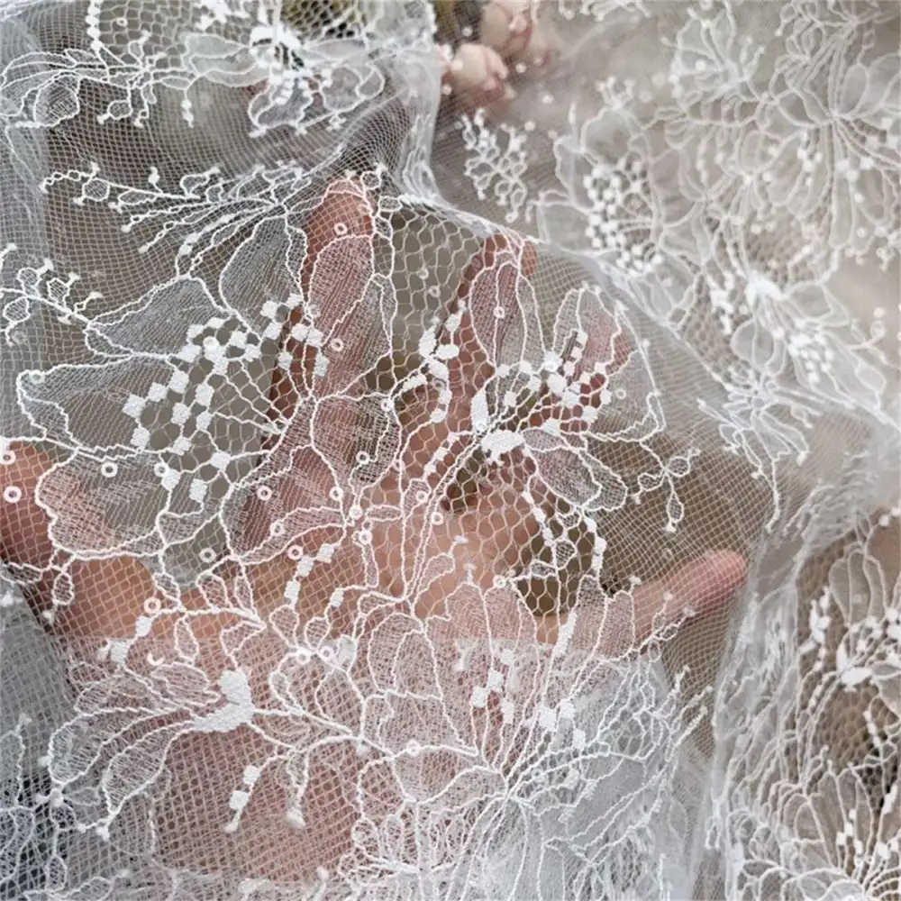 Bridal Lace Fabric - 5 Yards - Sequin Chantilly Wedding Lace Fabric | Ref.  TLF007,Chantilly Lace Fabrics