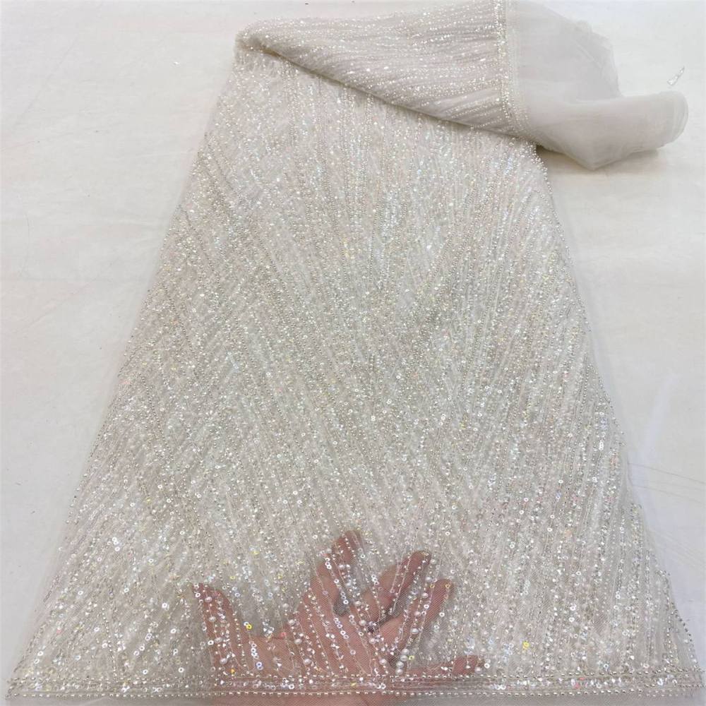 5 Yards Colored Tulle Sequined Faux Pearls Beaded Embroidered Lace Fabric JJ020