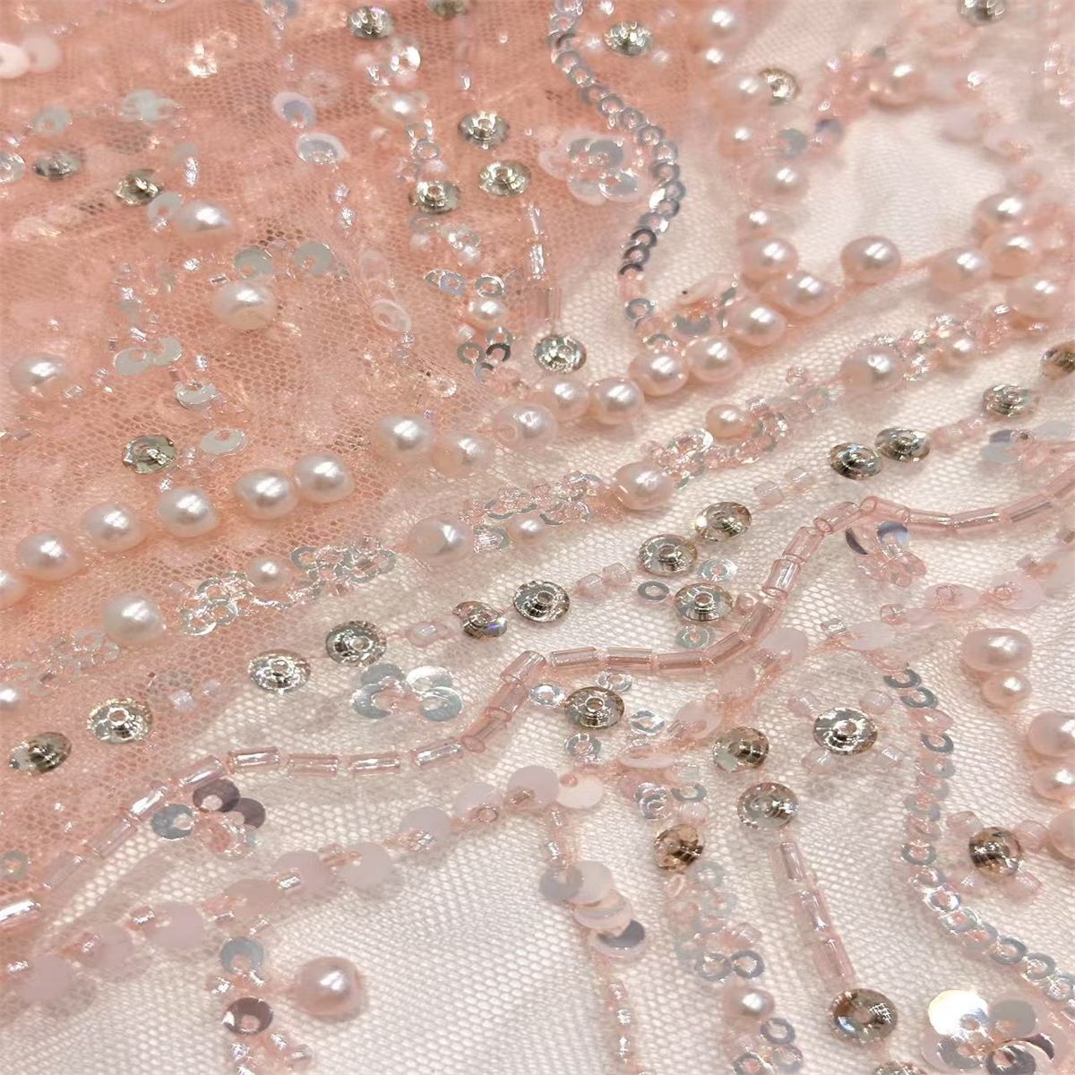 5 Yards Beaded Mesh Fabric, Beaded Tulle Fabric with Beads, Pearls, Sequins & Sparkling Rhinestones | Love in Lace | NO. HN161