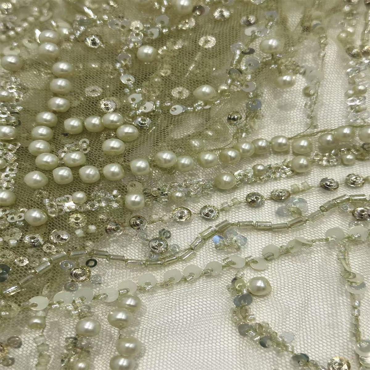 5 Yards Beaded Mesh Fabric, Beaded Tulle Fabric with Beads, Pearls, Sequins & Sparkling Rhinestones | Love in Lace | NO. HN161