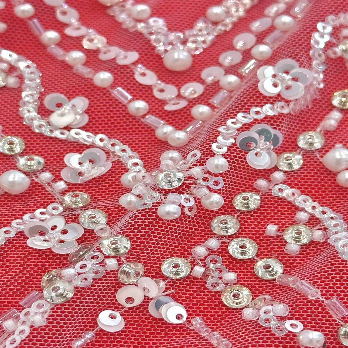 5 Yards Beaded Mesh Fabric, Beaded Tulle Fabric with Beads, Pearls, Sequins & Sparkling Rhinestones | Love in Lace | NO. HN161