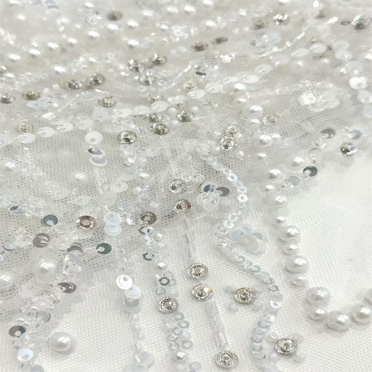 5 Yards Beaded Mesh Fabric, Beaded Tulle Fabric with Beads, Pearls, Sequins & Sparkling Rhinestones | Love in Lace | NO. HN161
