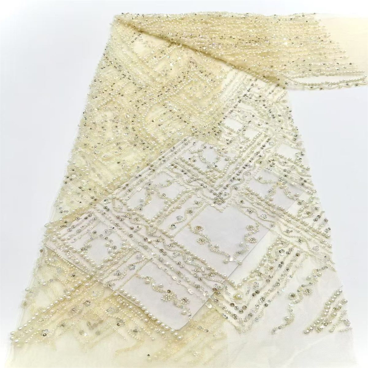 5 Yards Beaded Mesh Fabric, Beaded Tulle Fabric with Beads, Pearls, Sequins & Sparkling Rhinestones | Love in Lace | NO. HN161