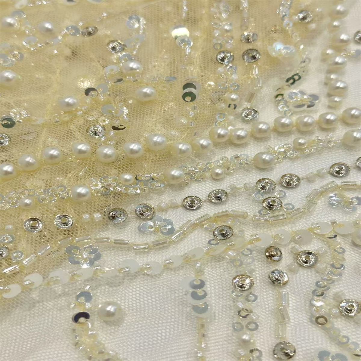 5 Yards Beaded Mesh Fabric, Beaded Tulle Fabric with Beads, Pearls, Sequins & Sparkling Rhinestones | Love in Lace | NO. HN161