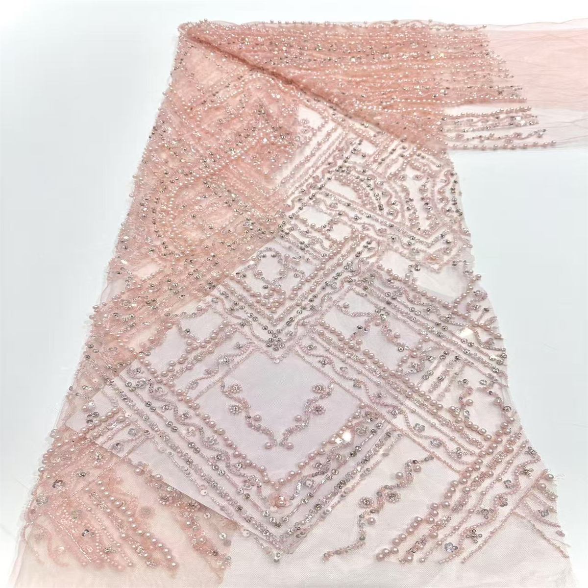5 Yards Beaded Mesh Fabric, Beaded Tulle Fabric with Beads, Pearls, Sequins & Sparkling Rhinestones | Love in Lace | NO. HN161