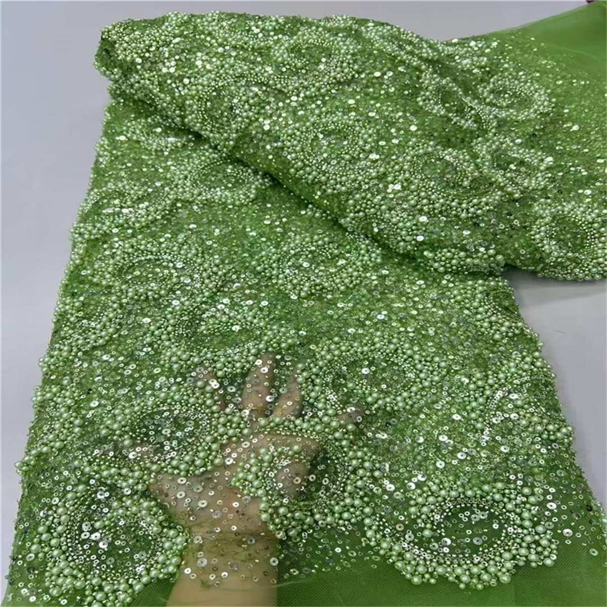 5 Yards Beaded Mesh Fabric, Beaded Tulle Fabric with Beads, Pearls & Sequins | Love in Lace | NO. JLT208