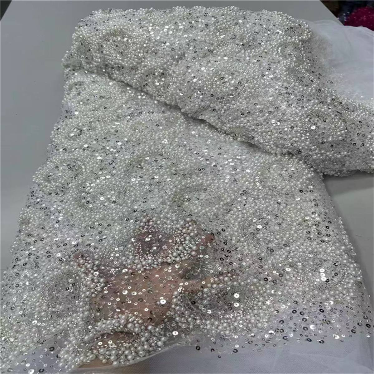 5 Yards Beaded Mesh Fabric, Beaded Tulle Fabric with Beads, Pearls & Sequins | Love in Lace | NO. JLT208