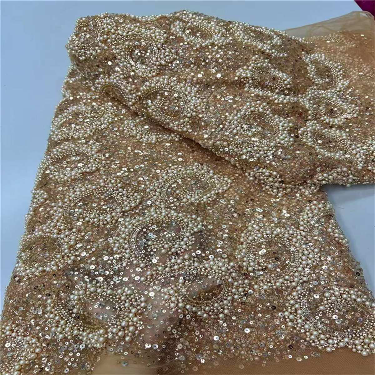 5 Yards Beaded Mesh Fabric, Beaded Tulle Fabric with Beads, Pearls & Sequins | Love in Lace | NO. JLT208