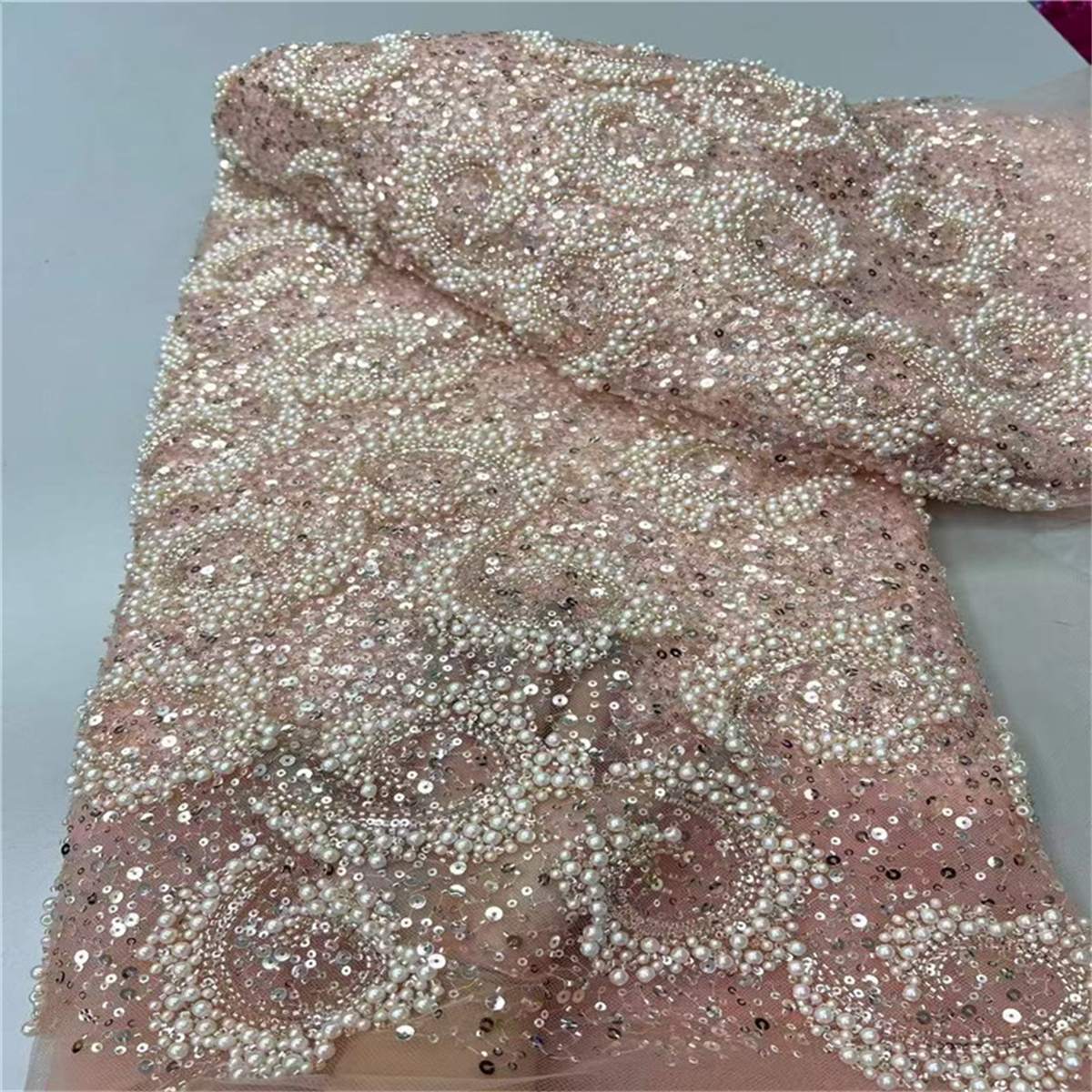 5 Yards Beaded Mesh Fabric, Beaded Tulle Fabric with Beads, Pearls & Sequins | Love in Lace | NO. JLT208