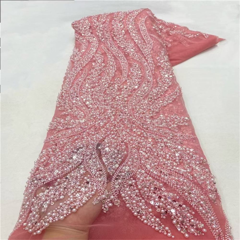 5 Yards Luxury Heavy Pearls Beaded Lace Material Fabric
