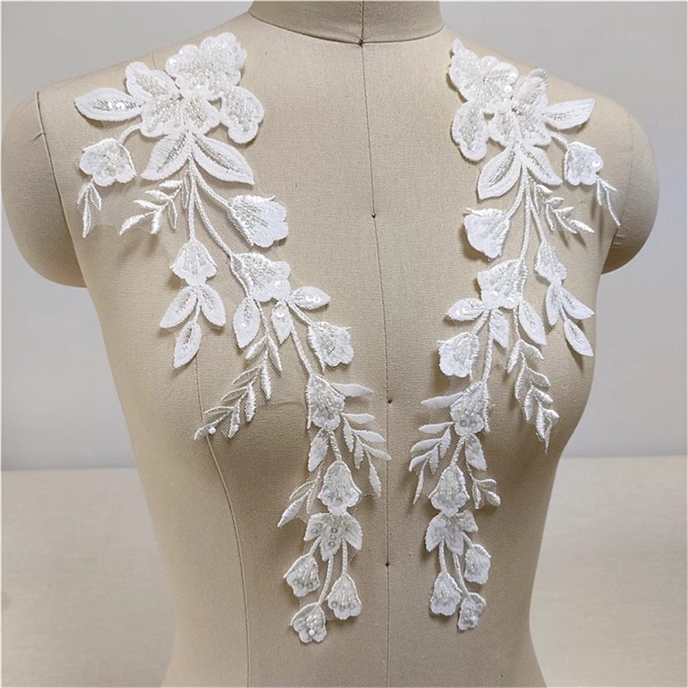 2 Pieces Wedding Lace Applique, Bridal Lace Applique, Embroidered Beaded Lace Appliques | Love in Lace | NO. JZQ008
