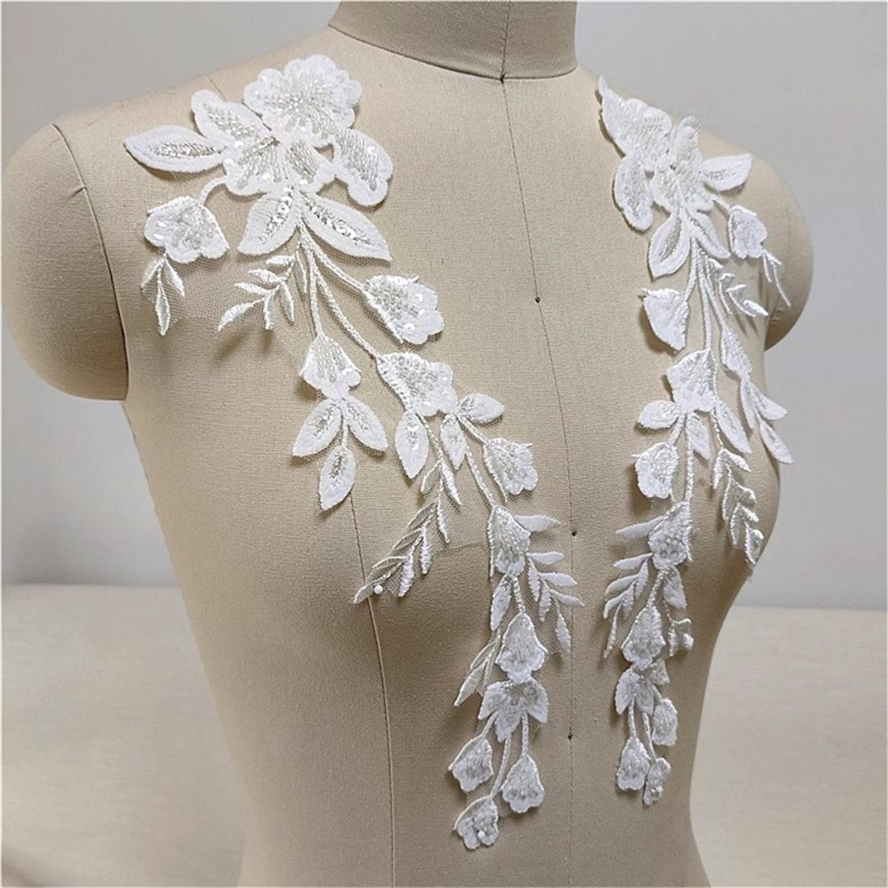 2 Pieces Wedding Lace Applique, Bridal Lace Applique, Embroidered Beaded Lace Appliques | Love in Lace | NO. JZQ008