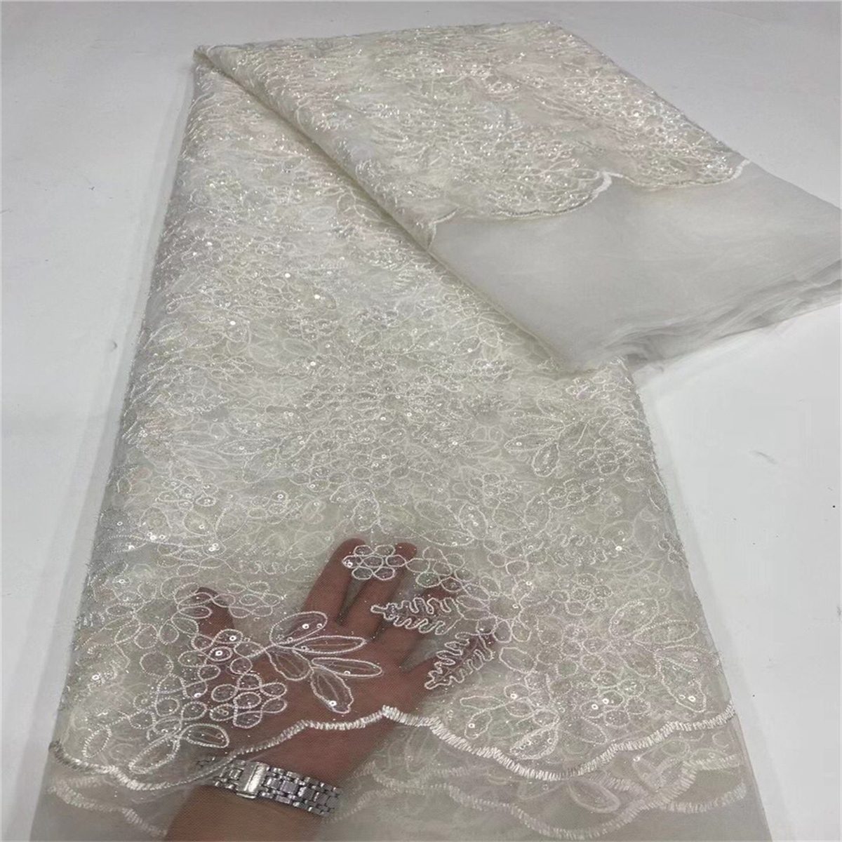 5 Yards Embroidered Sequin Fabric, Corded Embroidered Sequin Tulle Lace | Love in Lace | NO. JX135