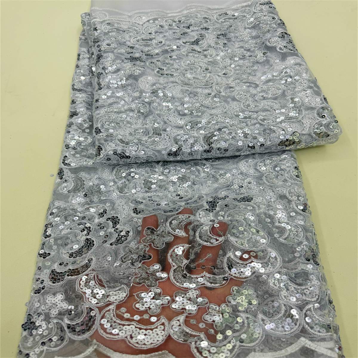 5 Yards Embroidered Sequin Fabric, Corded Embroidered Sequin Tulle Lace | Love in Lace | NO. ZT148