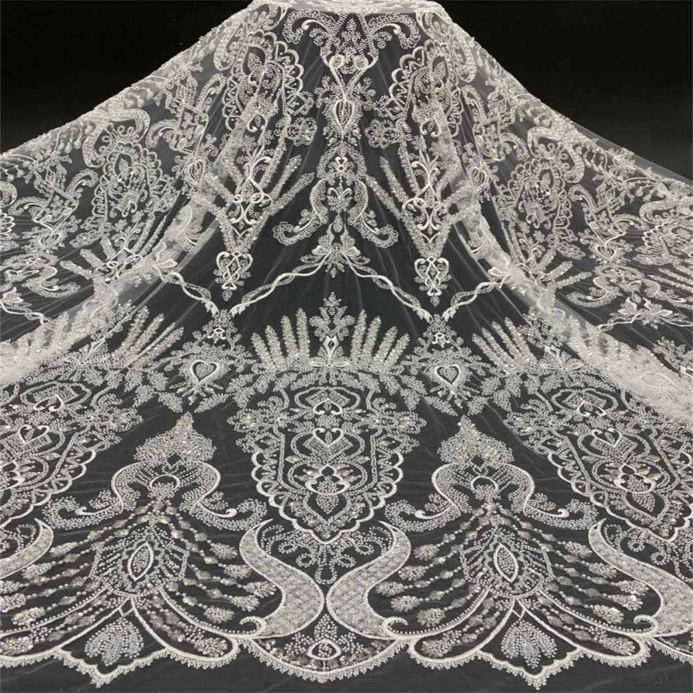 1 Yard Heavily Beaded Sequined Embroidered Off White Wedding Bridal Lace Fabric TDD323