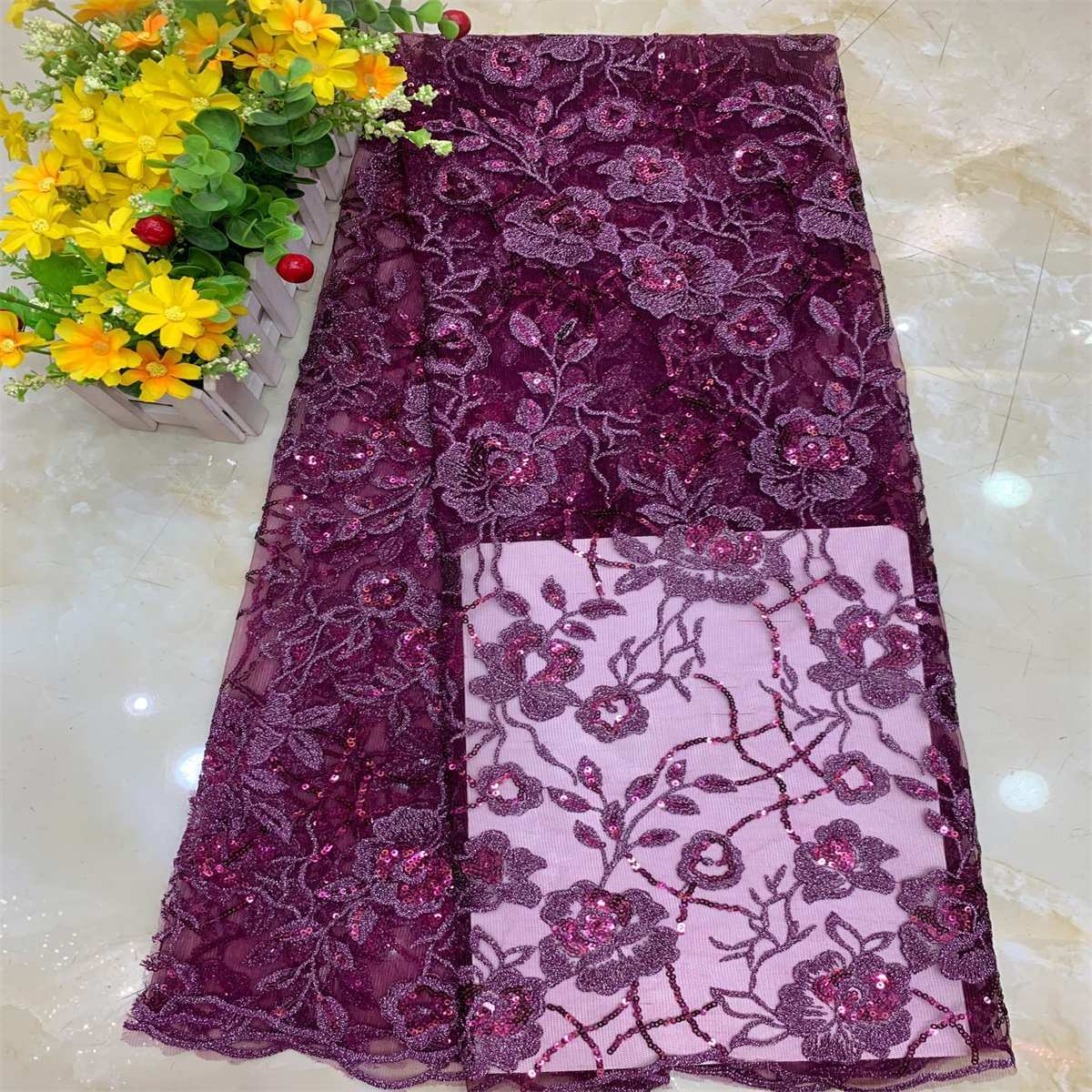 1 Yard Sequined Embroidered Lace Material Fabric