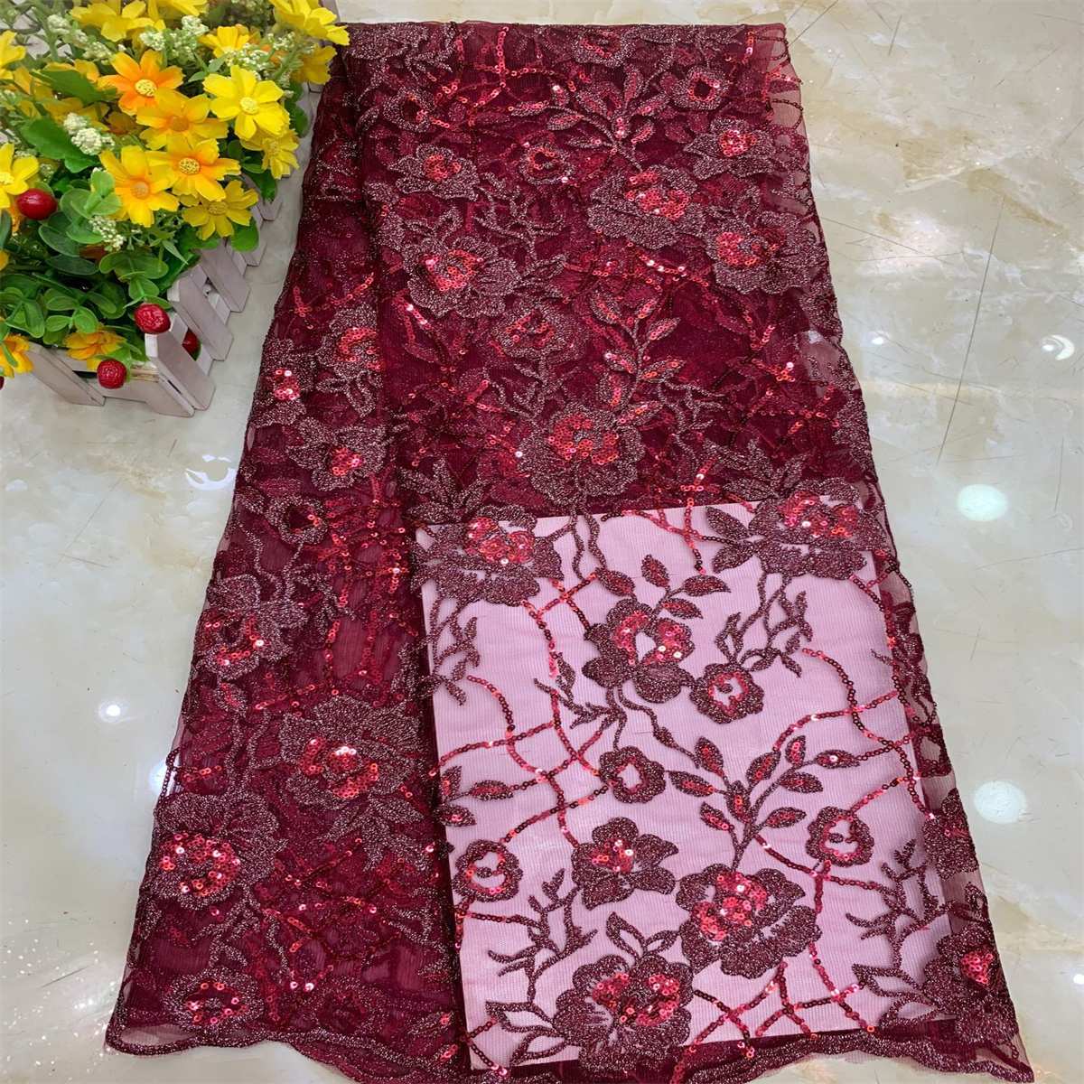 1 Yard Sequined Embroidered Lace Material Fabric