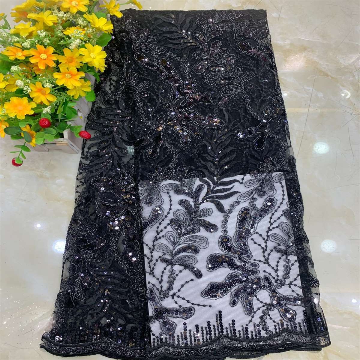 5 Yards Embroidered Sequin Fabric, Corded Embroidered Sequin Tulle Lace | Love in Lace | NO. DX014