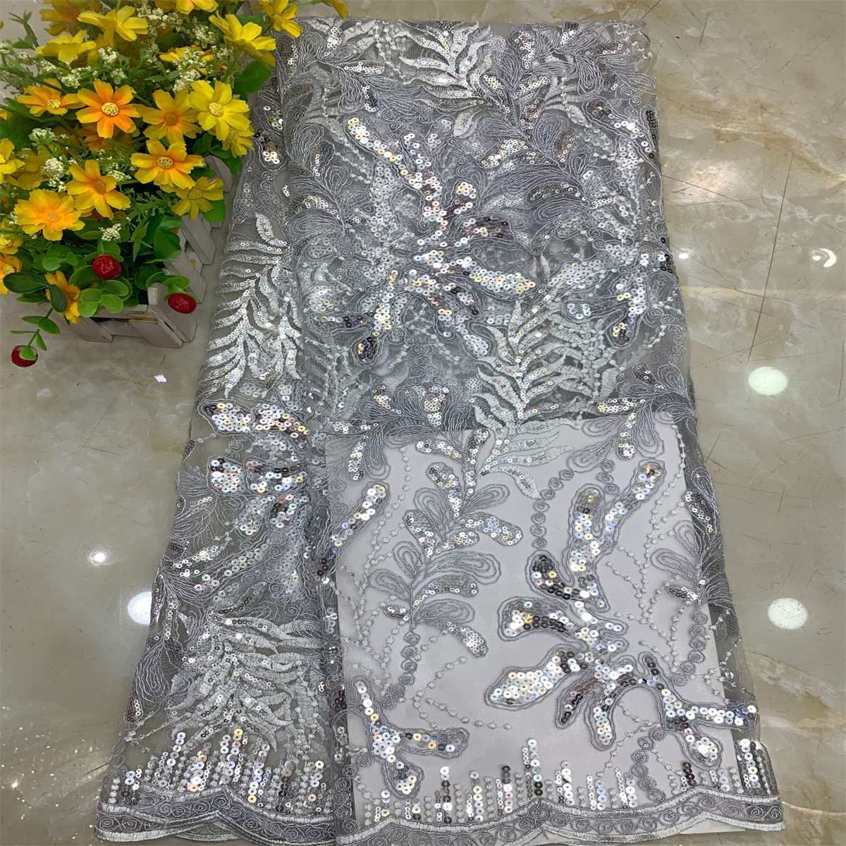 5 Yards Embroidered Sequin Fabric, Corded Embroidered Sequin Tulle Lace | Love in Lace | NO. DX014