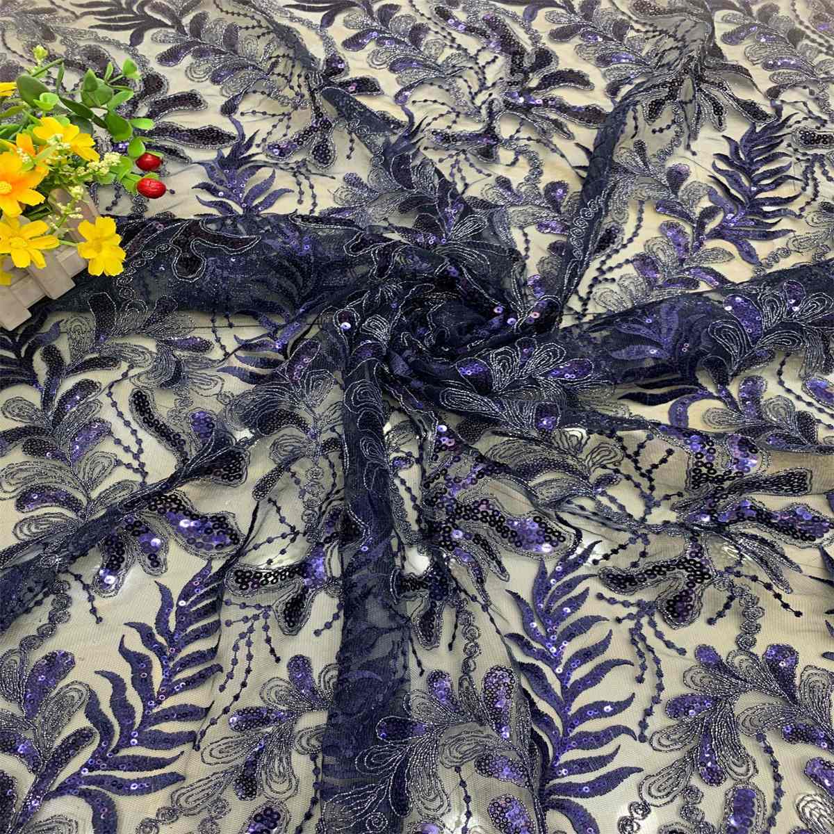 5 Yards Embroidered Sequin Fabric, Corded Embroidered Sequin Tulle Lace | Love in Lace | NO. DX014