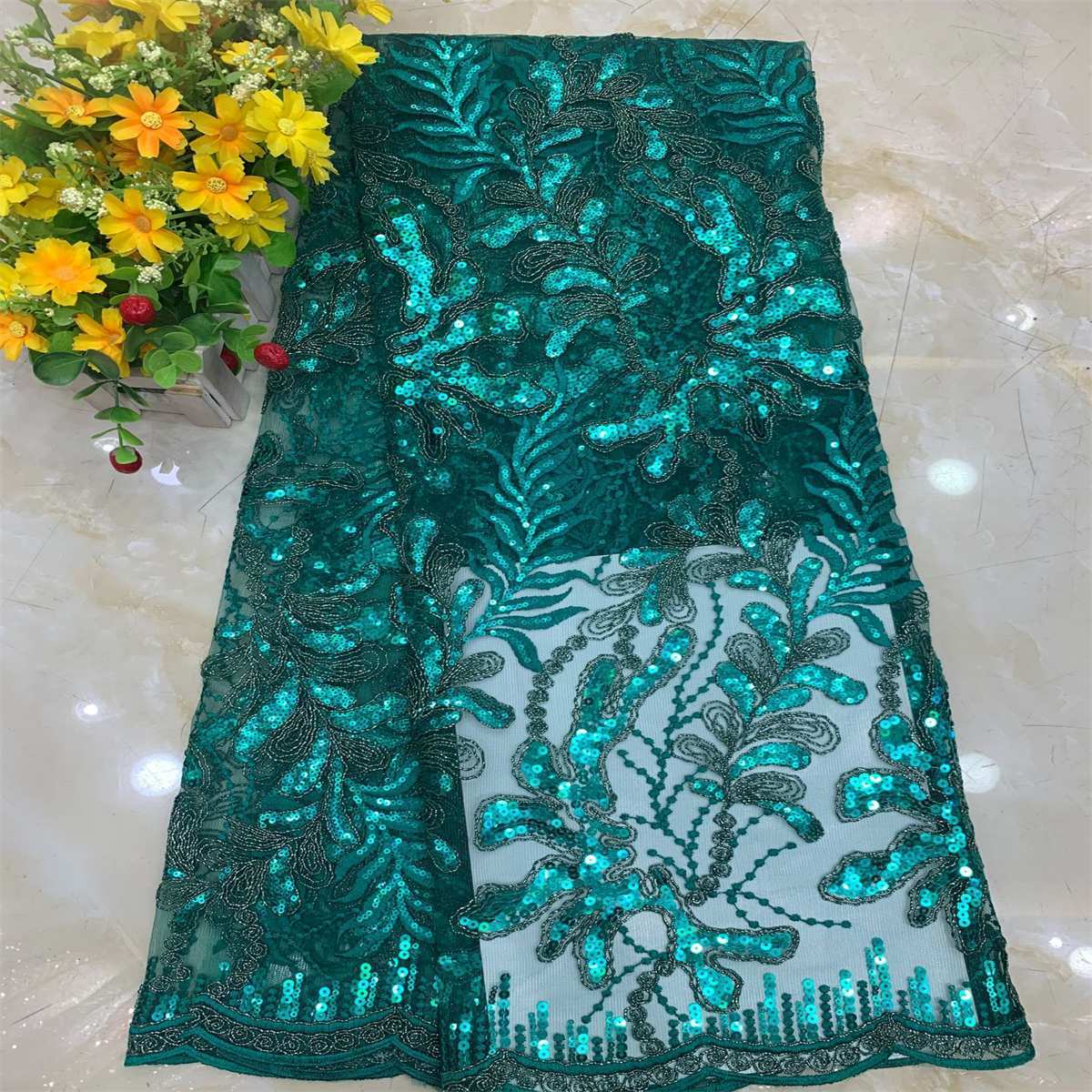 5 Yards Embroidered Sequin Fabric, Corded Embroidered Sequin Tulle Lace | Love in Lace | NO. DX014