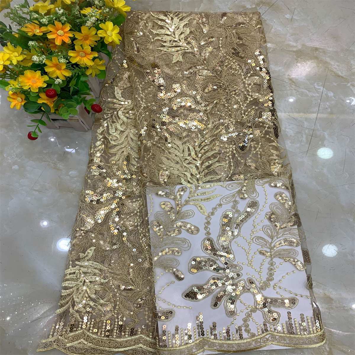 5 Yards Embroidered Sequin Fabric, Corded Embroidered Sequin Tulle Lace | Love in Lace | NO. DX014