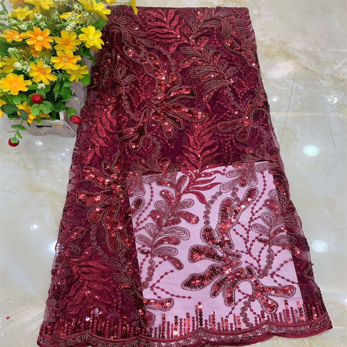 5 Yards Embroidered Sequin Fabric, Corded Embroidered Sequin Tulle Lace | Love in Lace | NO. DX014