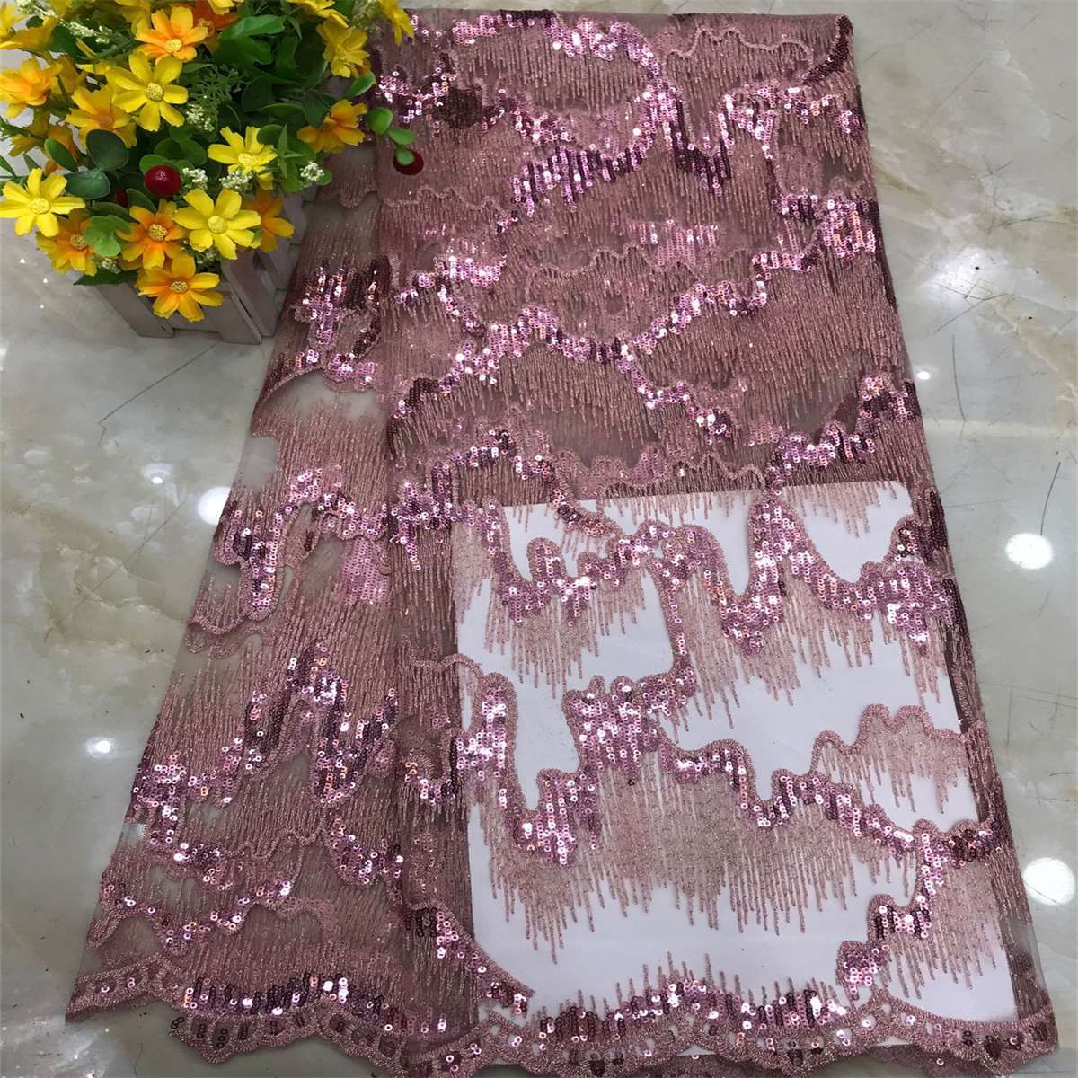 5 Yards Embroidered Sequin Fabric, Embroidered Tulle Lace Fabric, Embellished with Sequins | Ref. DX037