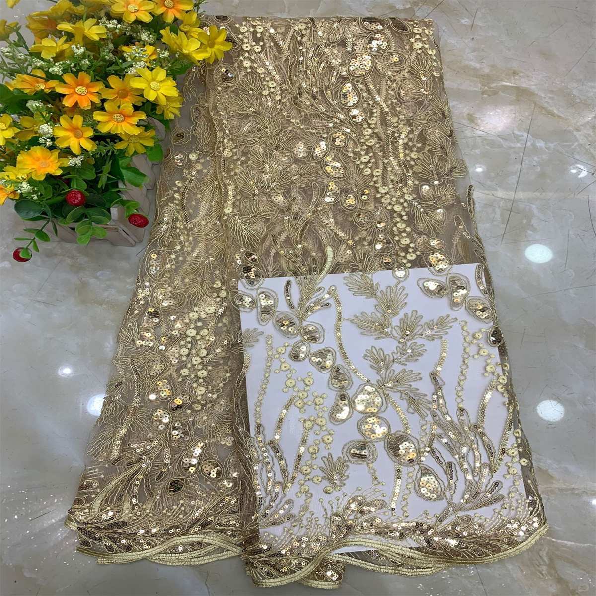 5 Yards Embroidered Sequin Fabric, Corded Embroidered Sequin Tulle Lace | Love in Lace | NO. DX039