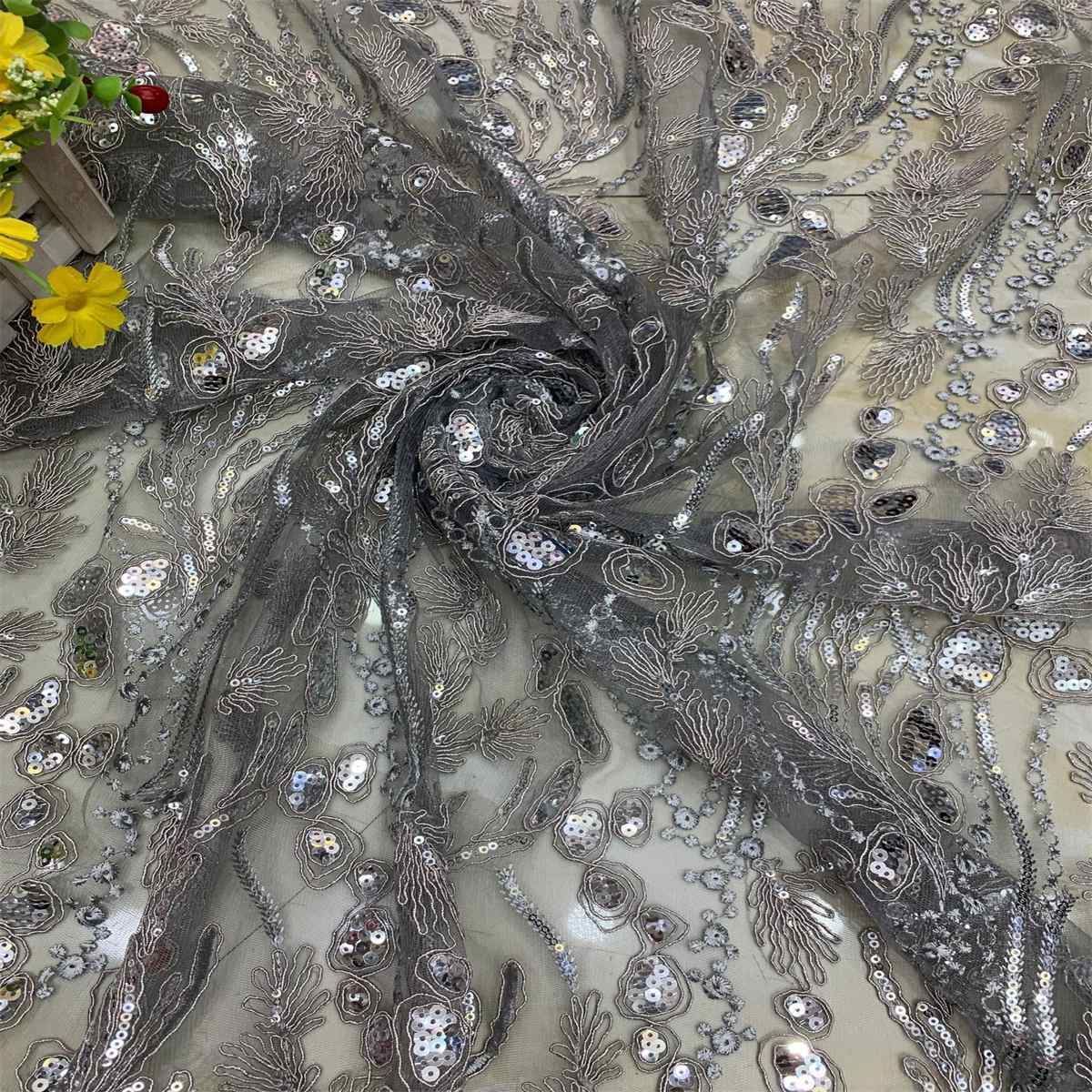 5 Yards Embroidered Sequin Fabric, Corded Embroidered Sequin Tulle Lace | Love in Lace | NO. DX039