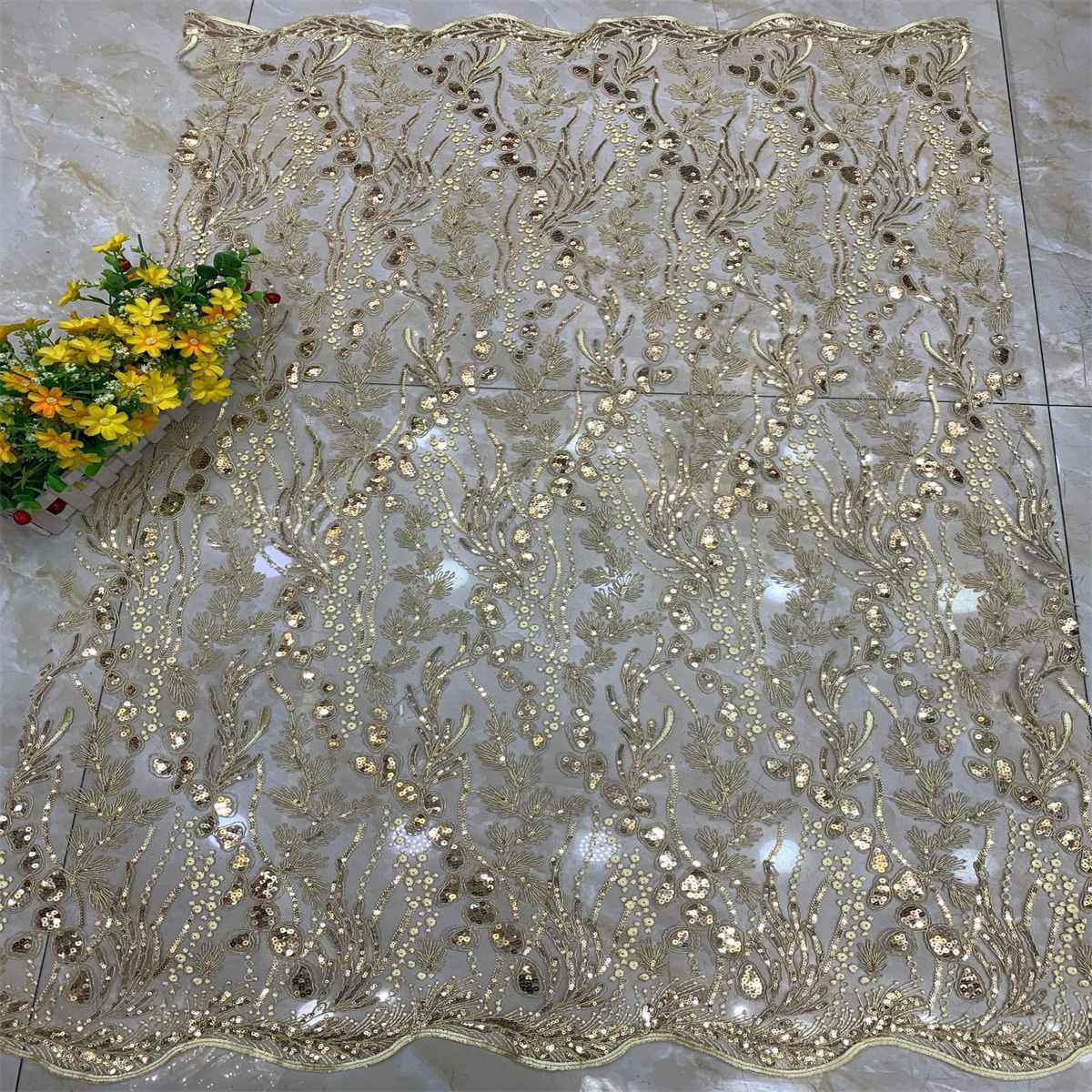 5 Yards Embroidered Sequin Fabric, Corded Embroidered Sequin Tulle Lace | Love in Lace | NO. DX039