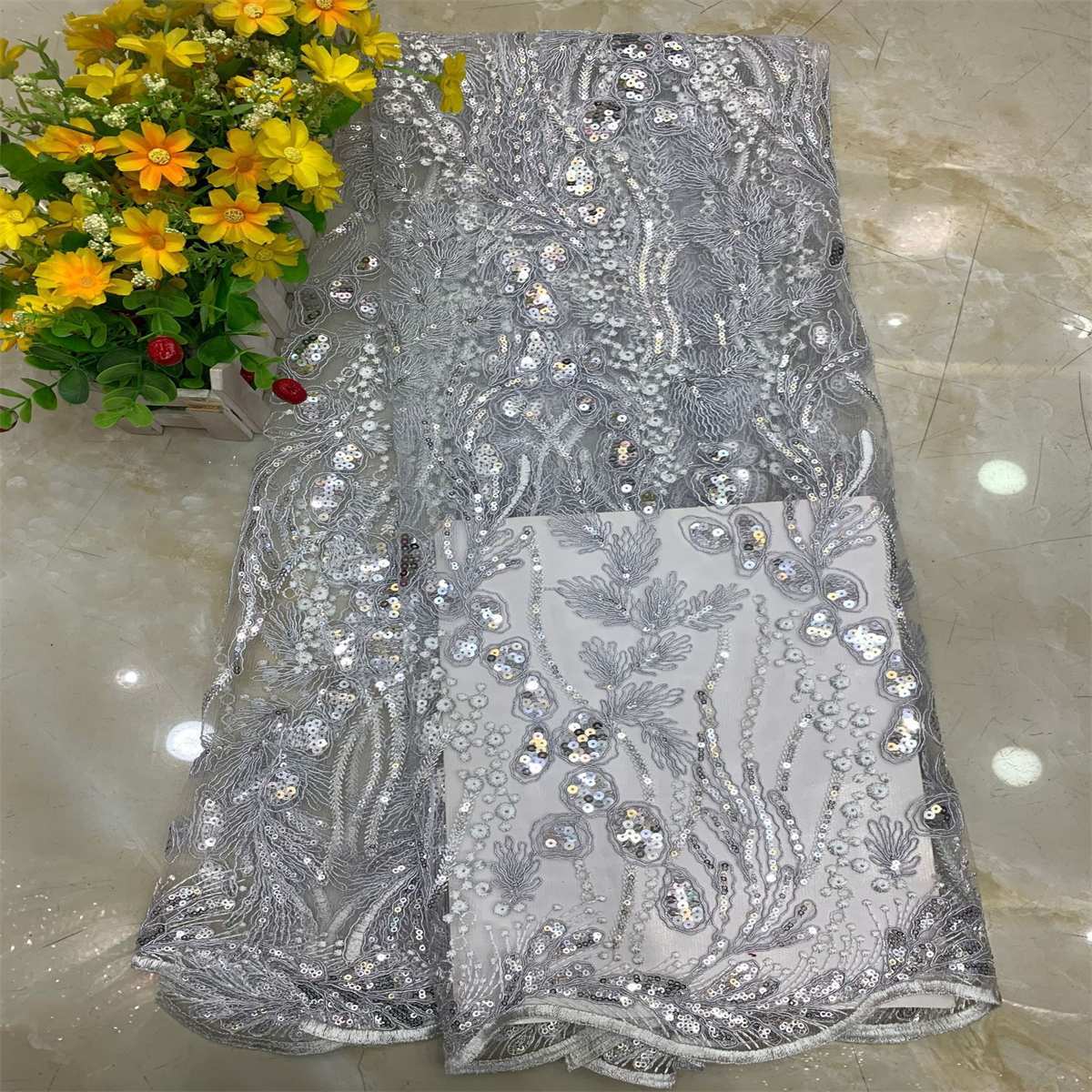 5 Yards Embroidered Sequin Fabric, Corded Embroidered Sequin Tulle Lace | Love in Lace | NO. DX039