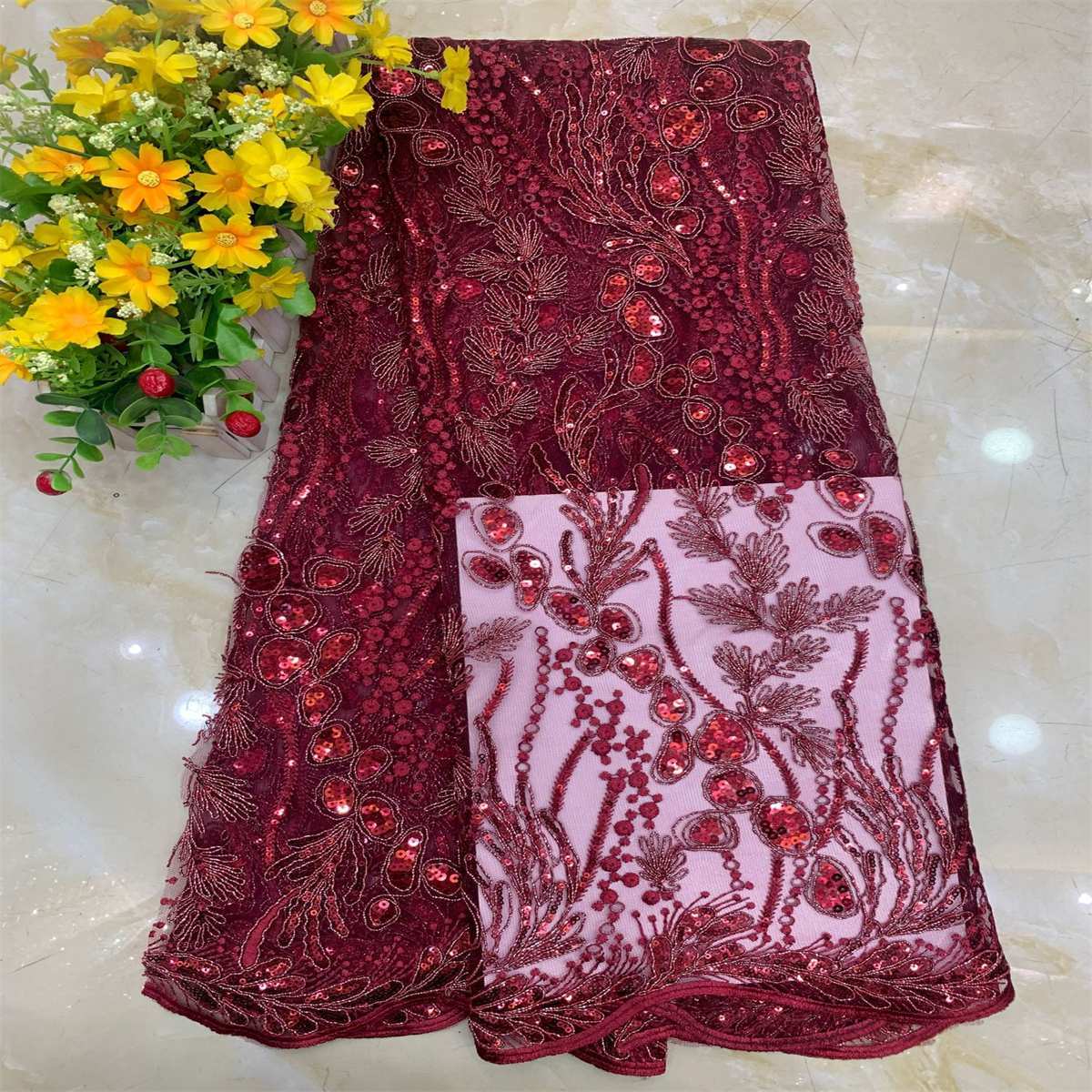 5 Yards Embroidered Sequin Fabric, Corded Embroidered Sequin Tulle Lace | Love in Lace | NO. DX039