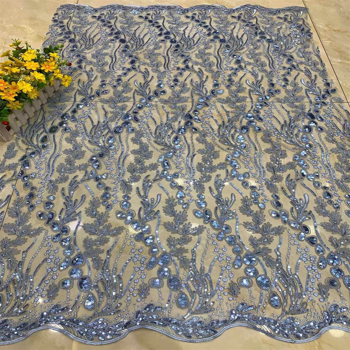 5 Yards Embroidered Sequin Fabric, Corded Embroidered Sequin Tulle Lace | Love in Lace | NO. DX039