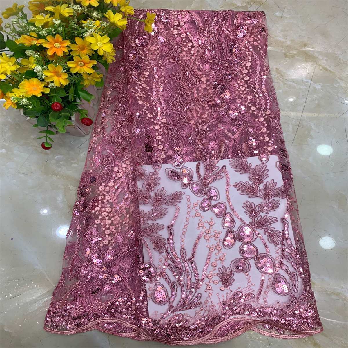 5 Yards Embroidered Sequin Fabric, Corded Embroidered Sequin Tulle Lace | Love in Lace | NO. DX039