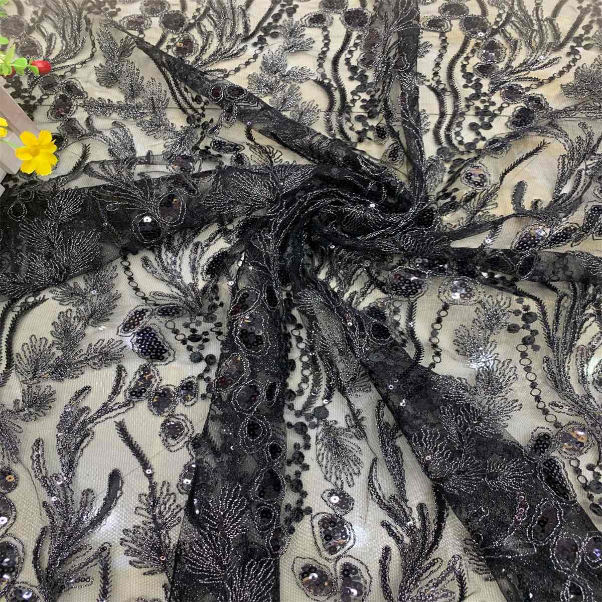 5 Yards Embroidered Sequin Fabric, Corded Embroidered Sequin Tulle Lace | Love in Lace | NO. DX039