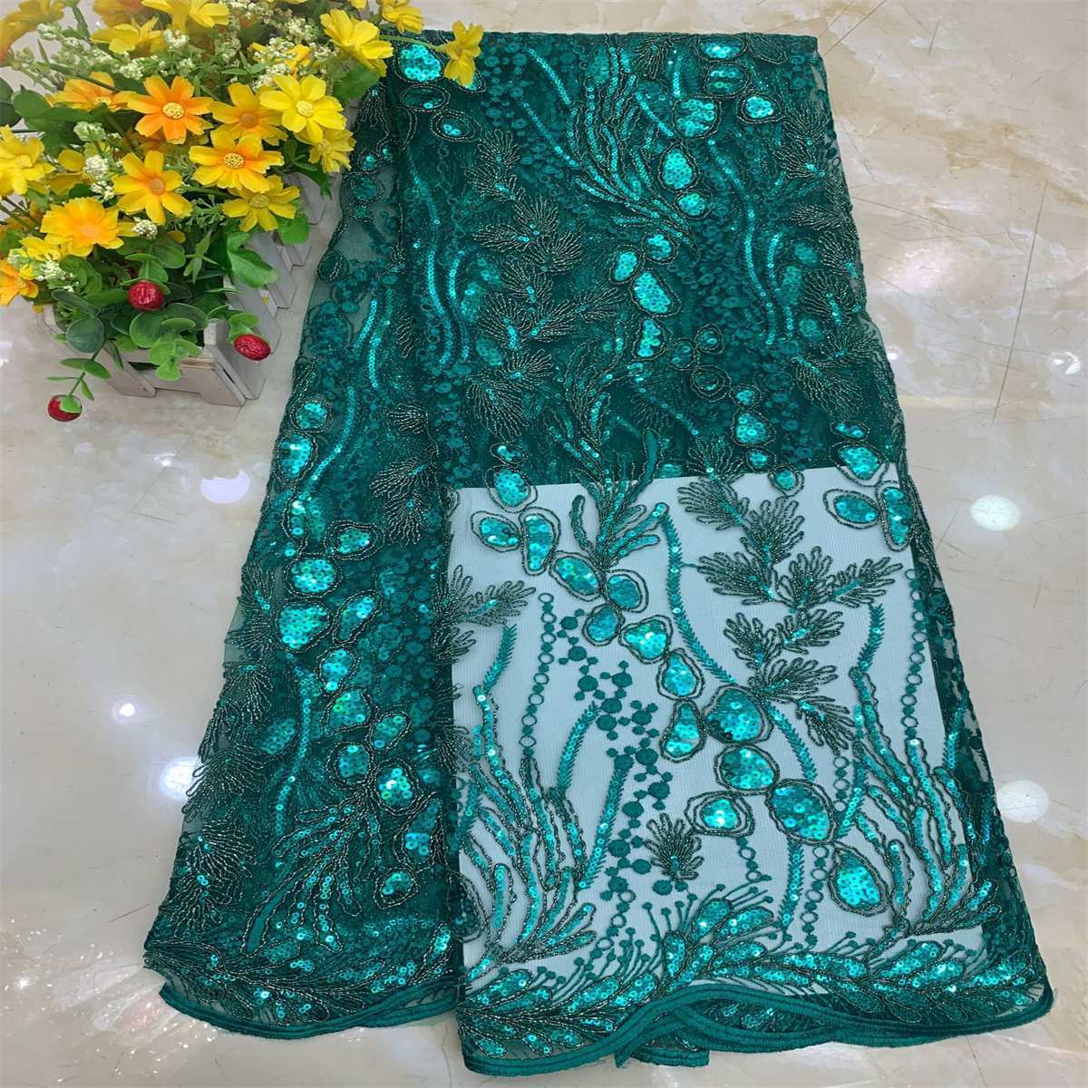 5 Yards Embroidered Sequin Fabric, Corded Embroidered Sequin Tulle Lace | Love in Lace | NO. DX039