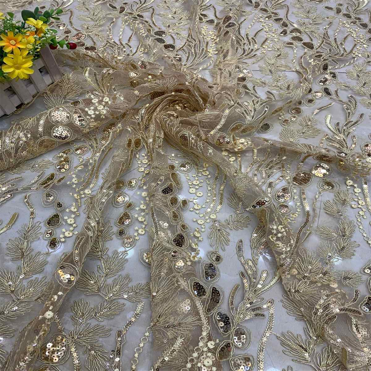 5 Yards Embroidered Sequin Fabric, Corded Embroidered Sequin Tulle Lace | Love in Lace | NO. DX039