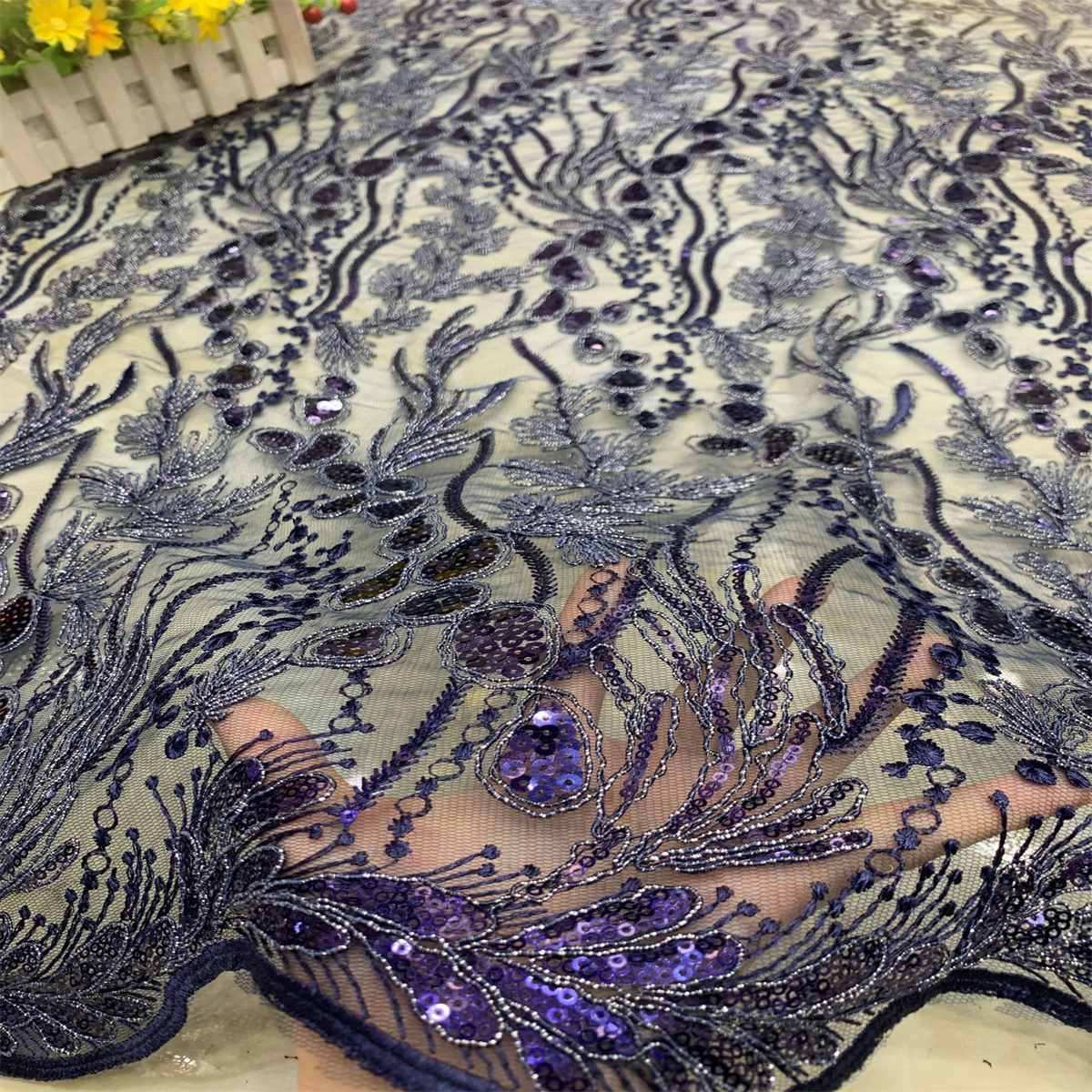 5 Yards Embroidered Sequin Fabric, Corded Embroidered Sequin Tulle Lace | Love in Lace | NO. DX039