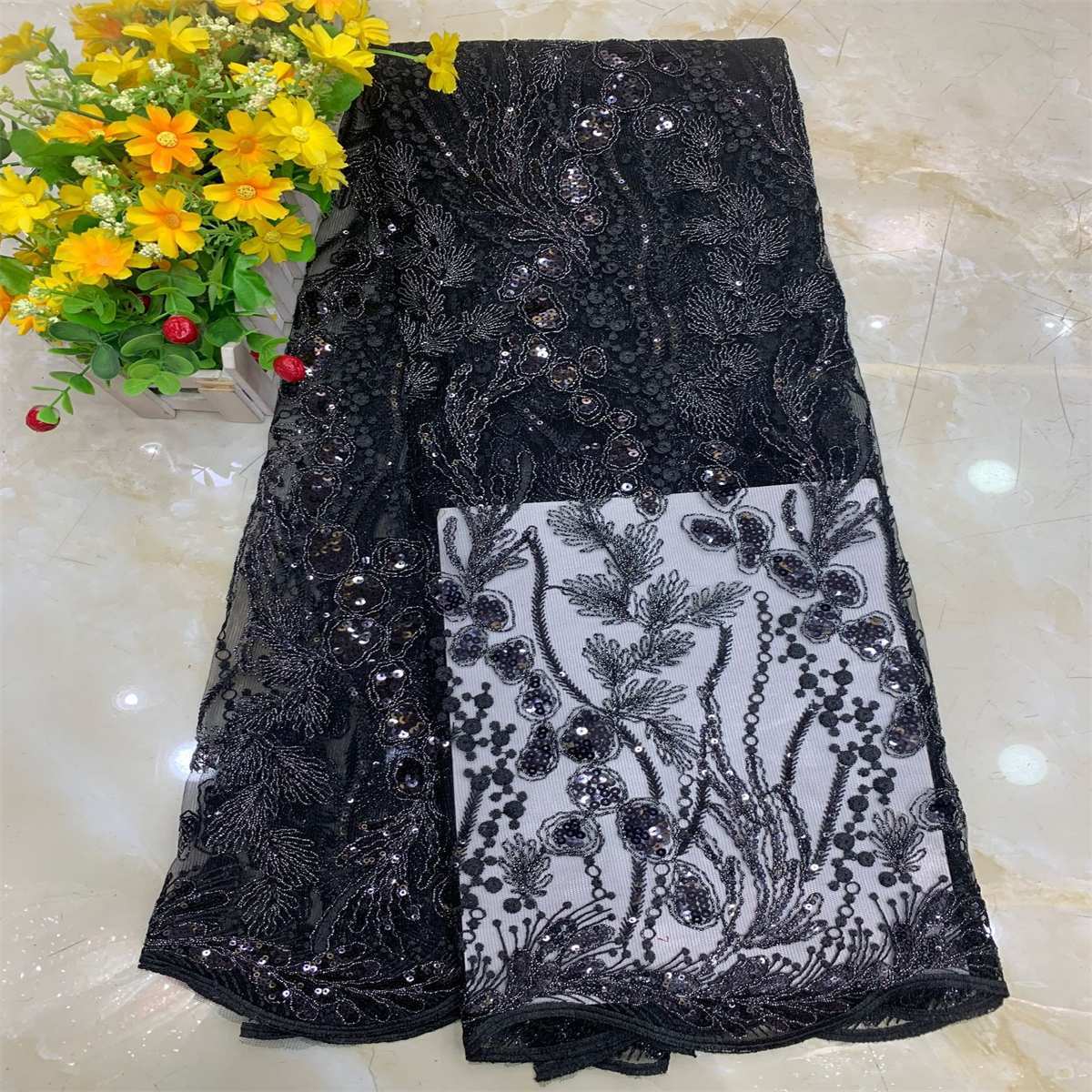 5 Yards Embroidered Sequin Fabric, Corded Embroidered Sequin Tulle Lace | Love in Lace | NO. DX039
