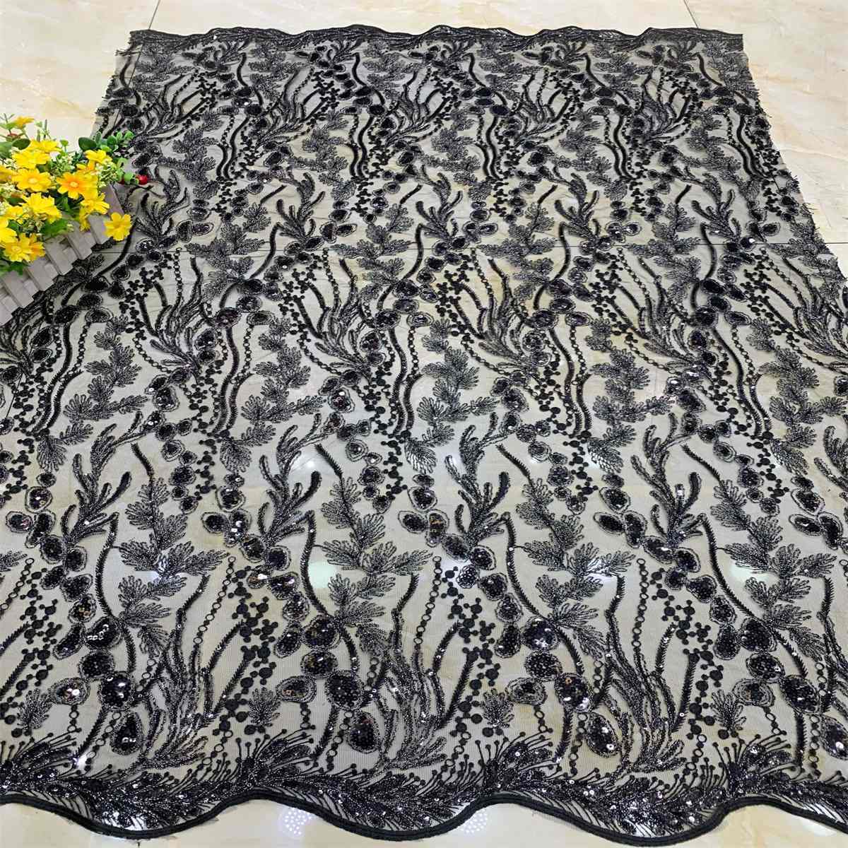 5 Yards Embroidered Sequin Fabric, Corded Embroidered Sequin Tulle Lace | Love in Lace | NO. DX039
