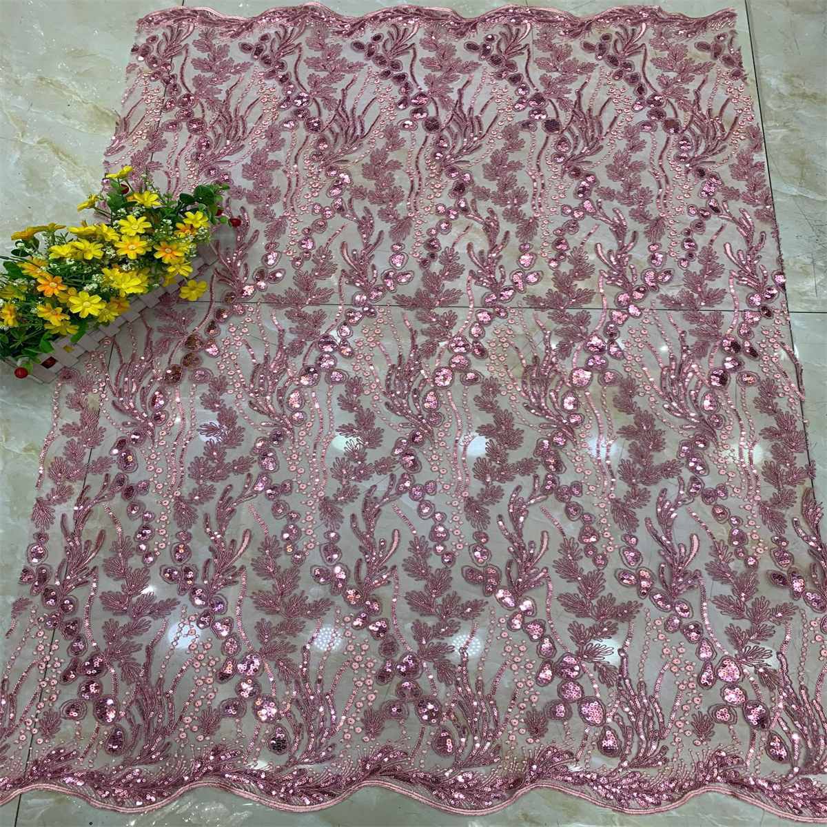 5 Yards Embroidered Sequin Fabric, Corded Embroidered Sequin Tulle Lace | Love in Lace | NO. DX039