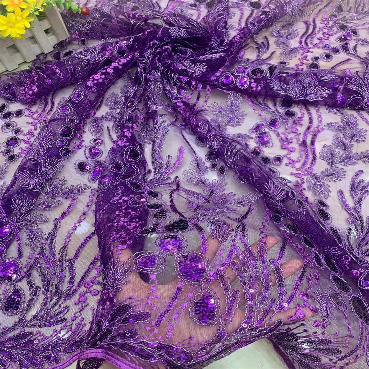 5 Yards Embroidered Sequin Fabric, Corded Embroidered Sequin Tulle Lace | Love in Lace | NO. DX039